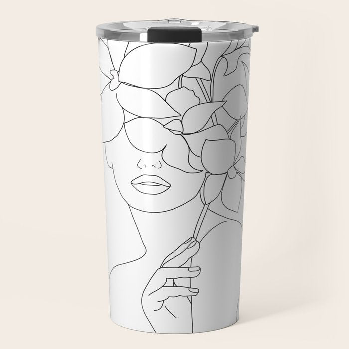 Minimal Line Art Woman with Orchids Travel Mug Gallery Image 1
