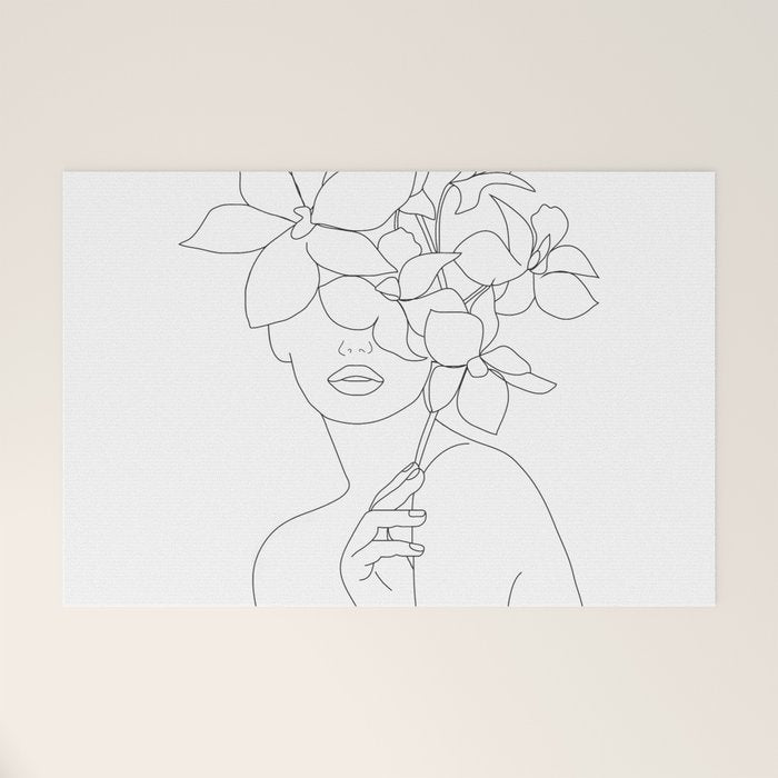 Minimal Line Art Woman with Orchids Welcome Mat Gallery Image 1