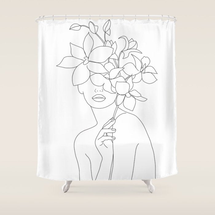 Minimal Line Art Woman with Orchids Shower Curtain Gallery Image 1