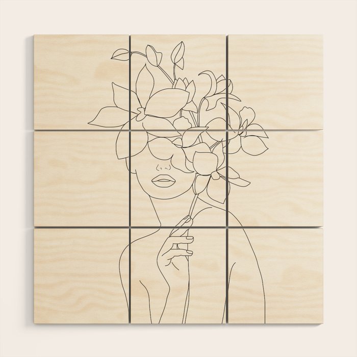 Minimal Line Art Woman with Orchids Wood Wall Art Gallery Image 1