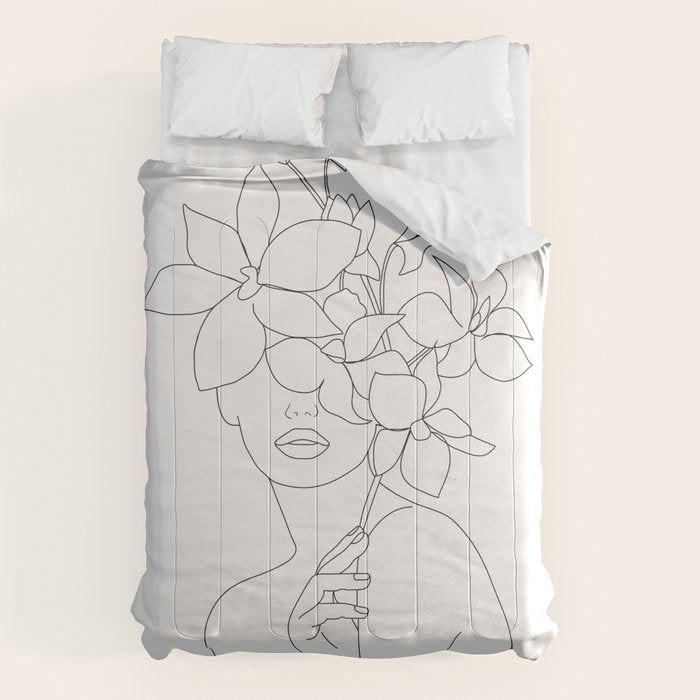 Minimal Line Art Woman with Orchids Comforter Gallery Image 6