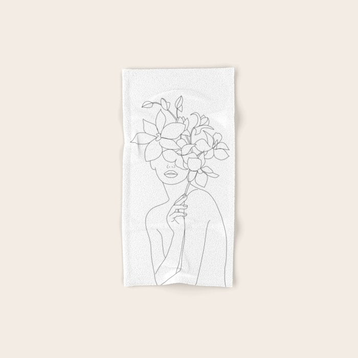 Minimal Line Art Woman with Orchids Bath Towel Gallery Image 1