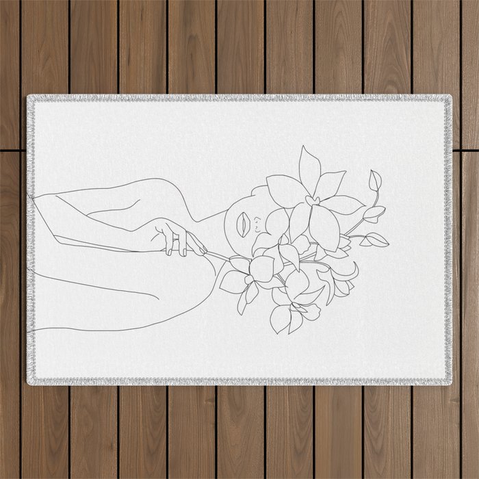 Minimal Line Art Woman with Orchids Outdoor Rug Gallery Image 1
