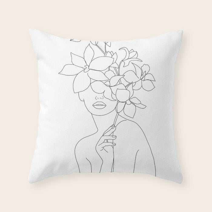 Minimal Line Art Woman with Orchids Throw Pillow Gallery Image 6