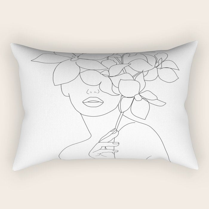 Minimal Line Art Woman with Orchids Rectangular Pillow Gallery Image 1