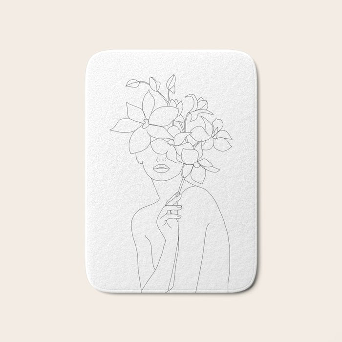 Minimal Line Art Woman with Orchids Bath Mat Gallery Image 1