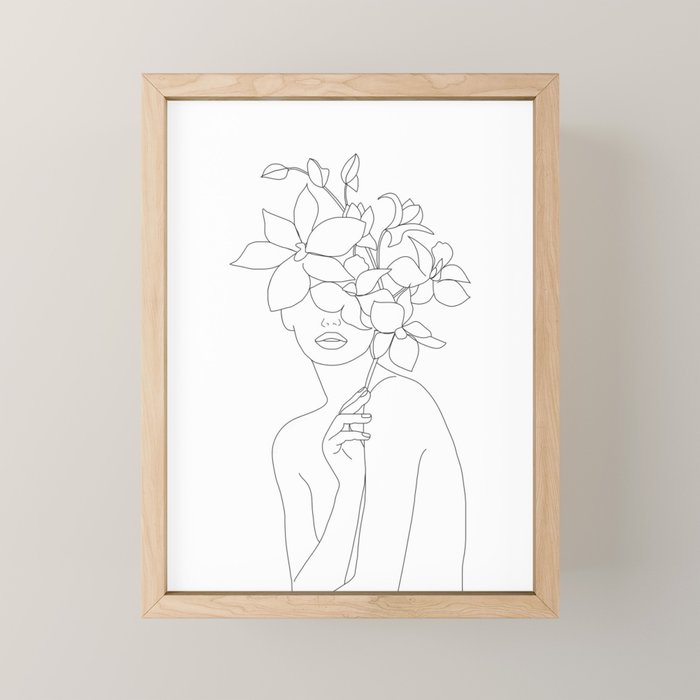 Minimal Line Art Woman with Orchids Mini Art Print Gallery Image 1