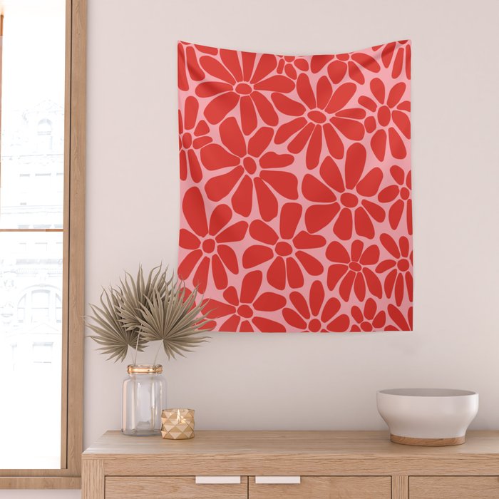 Pink and Red - Retro Floral Art Print Wall Tapestry Gallery Image 2