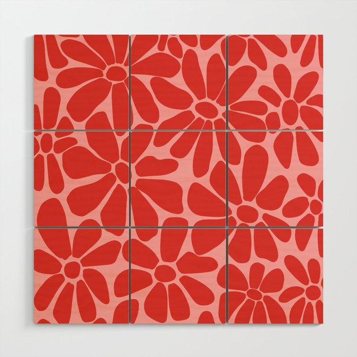 Pink and Red - Retro Floral Art Print Wood Wall Art Gallery Image 1