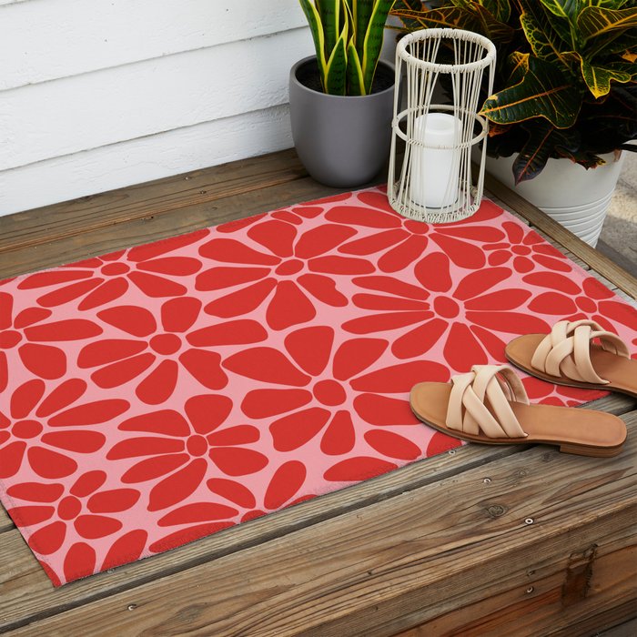 Pink and Red - Retro Floral Art Print Outdoor Rug Gallery Image 2
