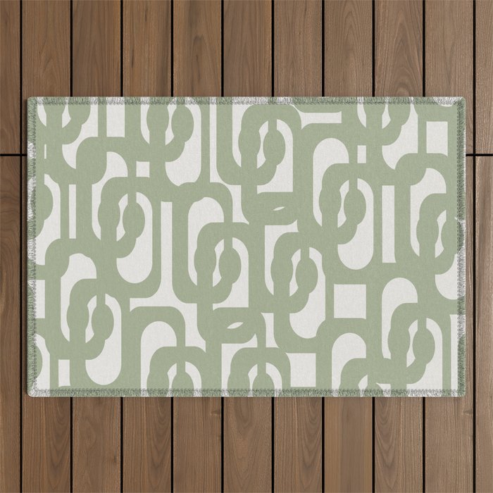 Mid Century Modern Loop Abstract Pattern in Sage Green and Off White Outdoor Rug Gallery Image 1