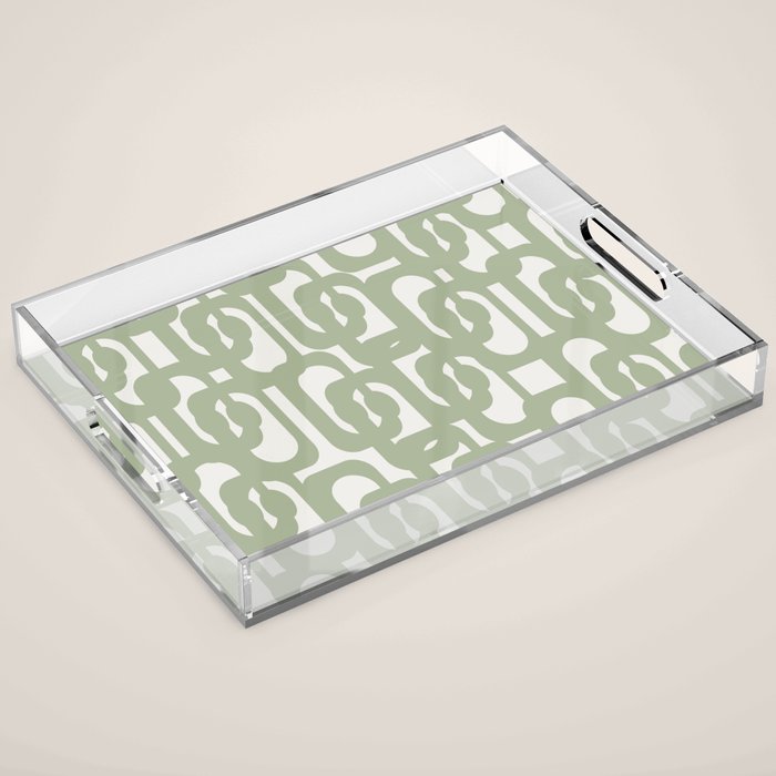 Mid Century Modern Loop Abstract Pattern in Sage Green and Off White Acrylic Tray Gallery Image 1