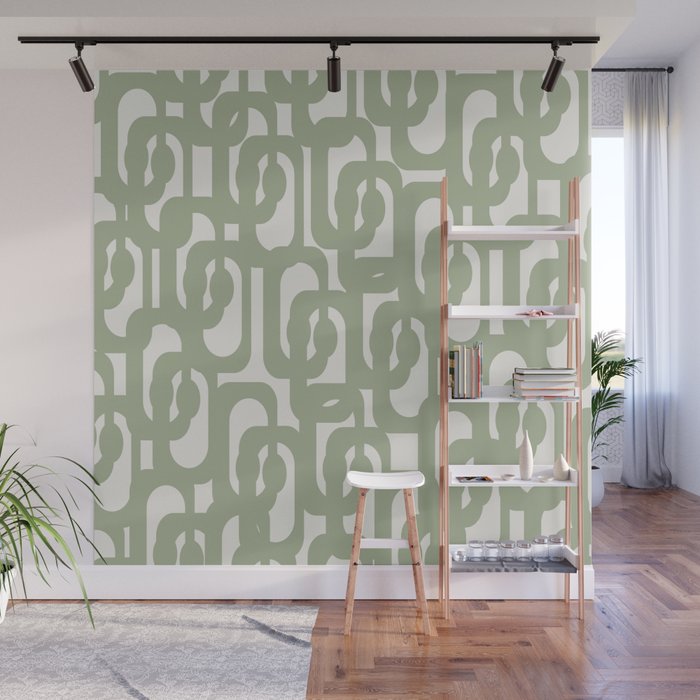 Mid Century Modern Loop Abstract Pattern in Sage Green and Off White Wall Mural Gallery Image 1