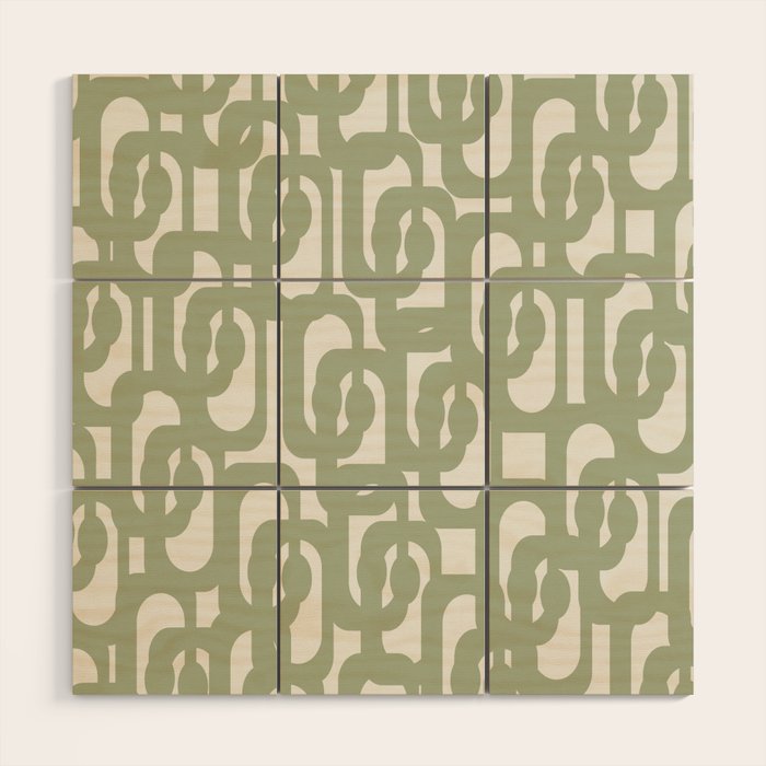 Mid Century Modern Loop Abstract Pattern in Sage Green and Off White Wood Wall Art Gallery Image 1