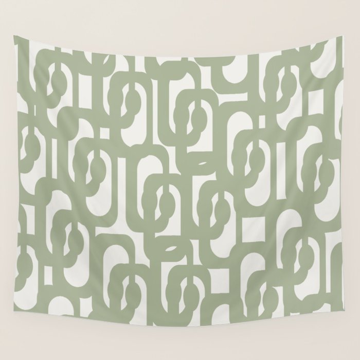 Mid Century Modern Loop Abstract Pattern in Sage Green and Off White Wall Tapestry Gallery Image 4
