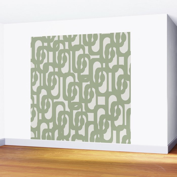 Mid Century Modern Loop Abstract Pattern in Sage Green and Off White Wall Mural Gallery Image 2
