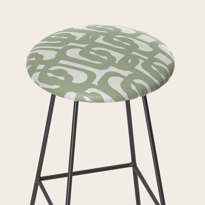 Mid Century Modern Loop Abstract Pattern in Sage Green and Off White Stool Gallery Image 2