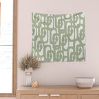 Mid Century Modern Loop Abstract Pattern in Sage Green and Off White Wall Tapestry Gallery Image 2