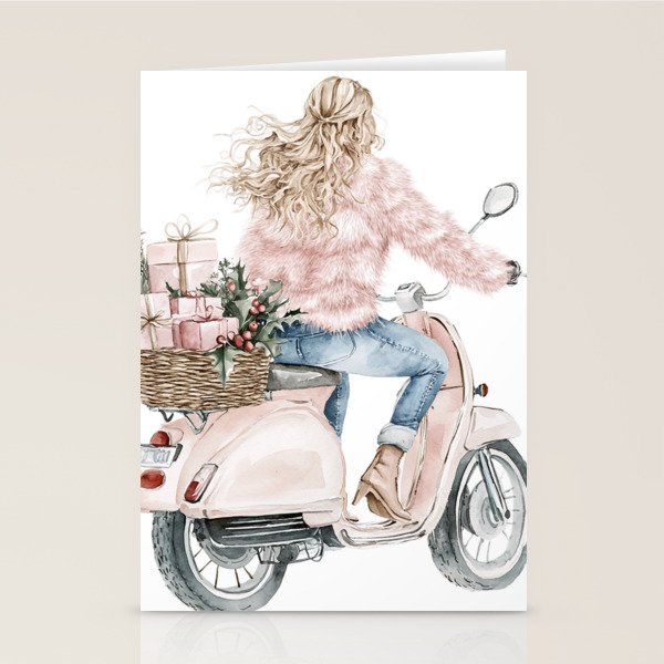 Blonde riding a scooter with pink holiday gifts watercolor Stationery Card Gallery Image 2