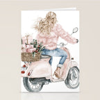 Blonde riding a scooter with pink holiday gifts watercolor Stationery Card Gallery Image 2