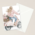 Blonde riding a scooter with pink holiday gifts watercolor Stationery Card Gallery Image 2