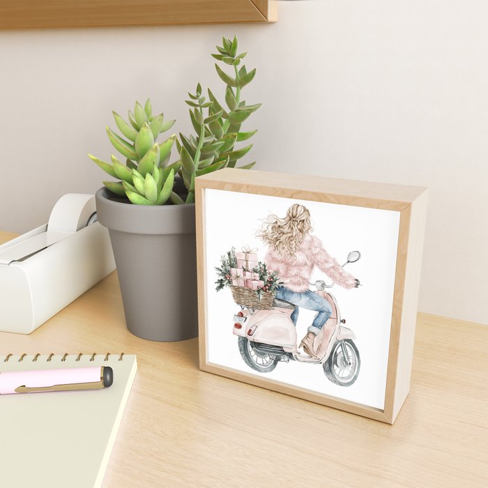 Blonde riding a scooter with pink holiday gifts watercolor Mini Art Print Gallery Image 2