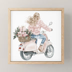 Blonde riding a scooter with pink holiday gifts watercolor Mini Art Print Gallery Image 1