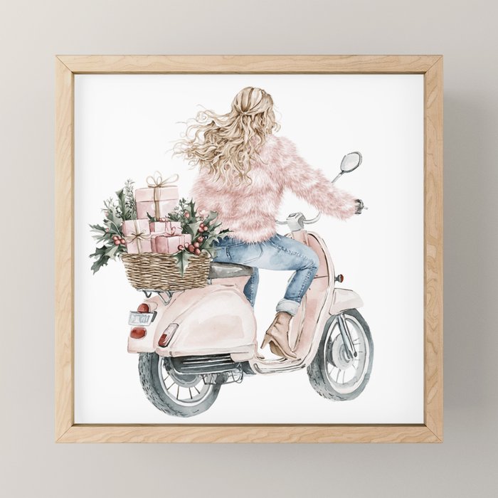 Blonde riding a scooter with pink holiday gifts watercolor Mini Art Print Gallery Image 1