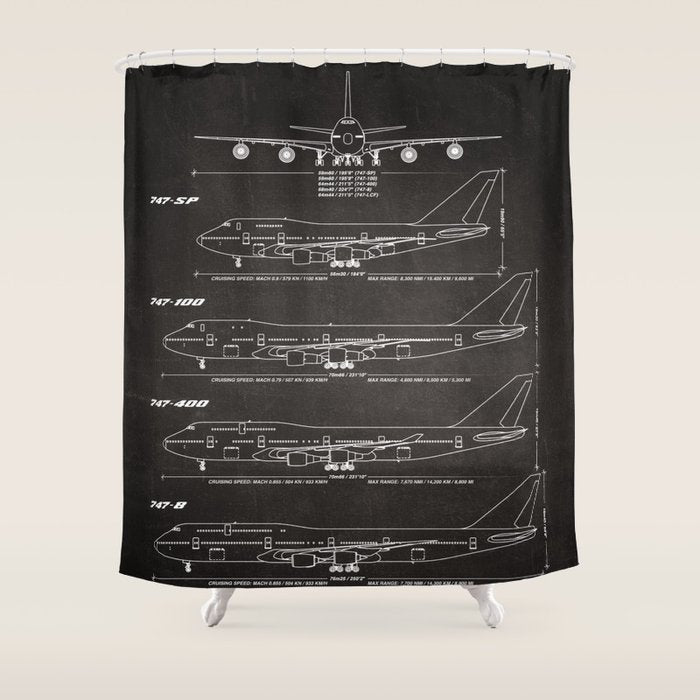 Boeing 747 Family Blueprint in High Resolution (black) Shower Curtain Gallery Image 1