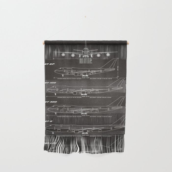 Boeing 747 Family Blueprint in High Resolution (black) Wall Hanging Gallery Image 1