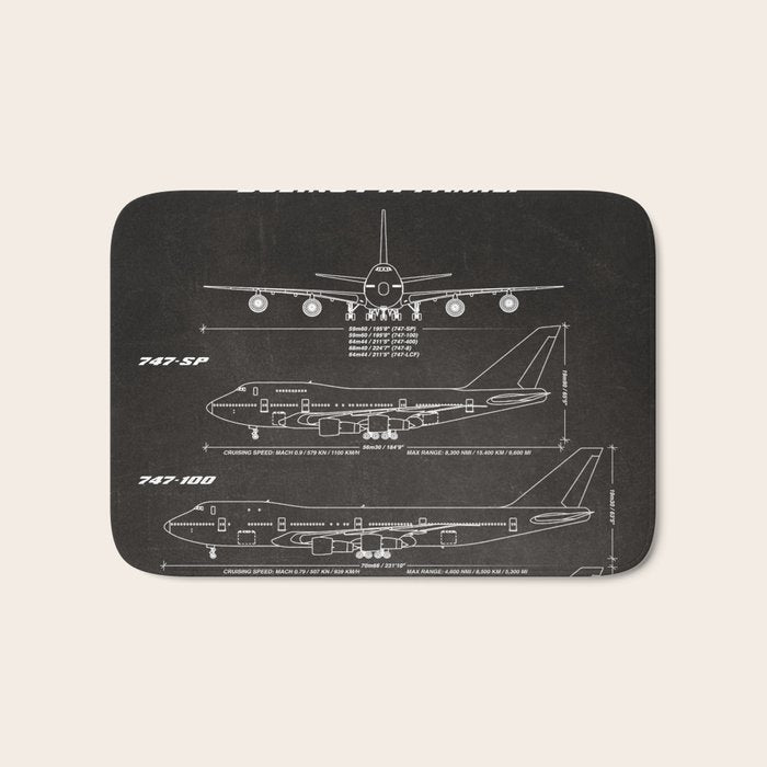 Boeing 747 Family Blueprint in High Resolution (black) Bath Mat Gallery Image 1