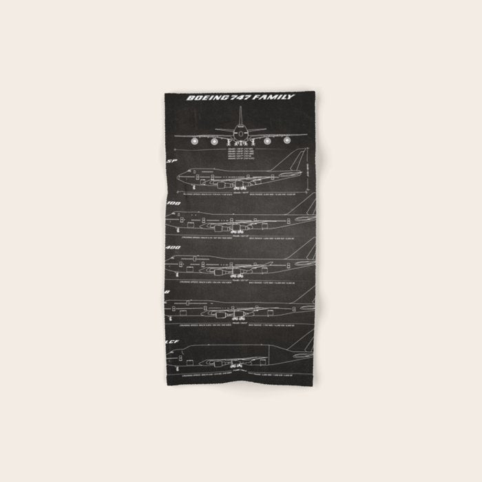 Boeing 747 Family Blueprint in High Resolution (black) Bath Towel Gallery Image 1