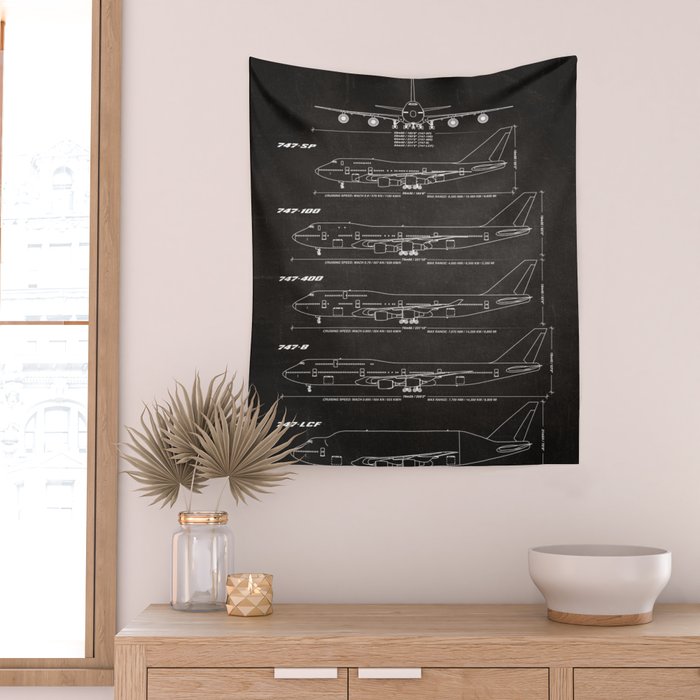 Boeing 747 Family Blueprint in High Resolution (black) Wall Tapestry Gallery Image 2