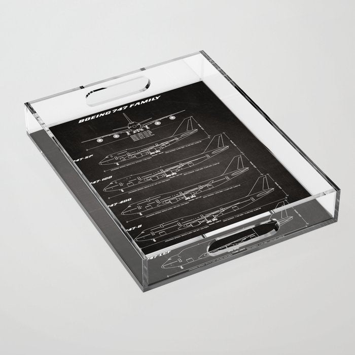 Boeing 747 Family Blueprint in High Resolution (black) Acrylic Tray Gallery Image 1