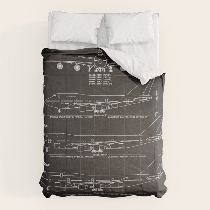 Boeing 747 Family Blueprint in High Resolution (black) Comforter Gallery Image 6