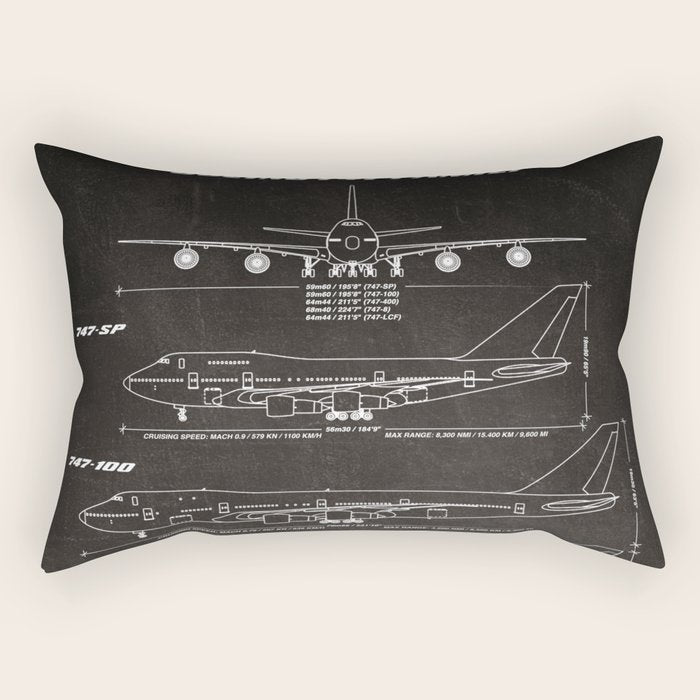 Boeing 747 Family Blueprint in High Resolution (black) Rectangular Pillow Gallery Image 2