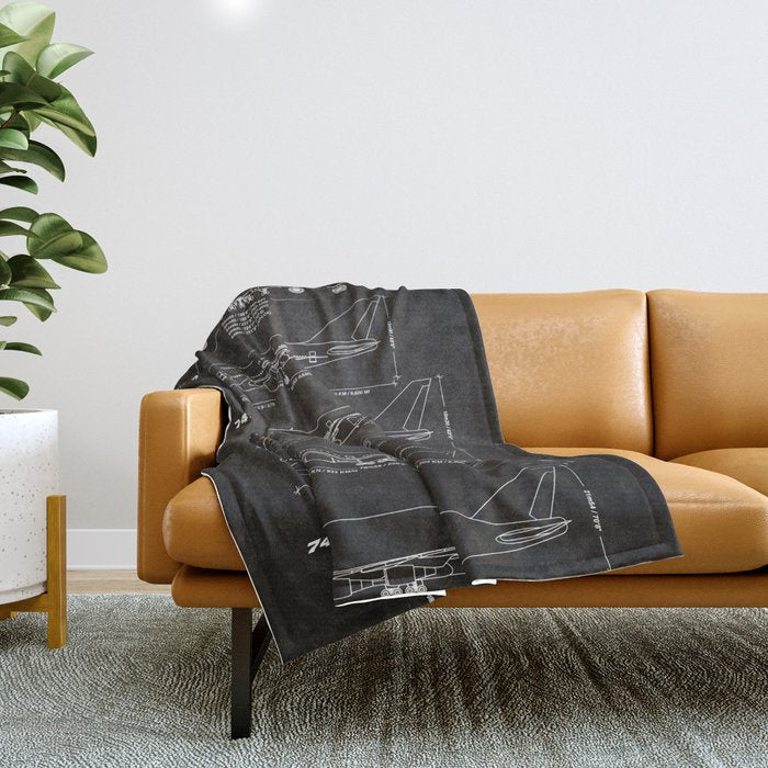 Boeing 747 Family Blueprint in High Resolution (black) Throw Blanket Gallery Image 1