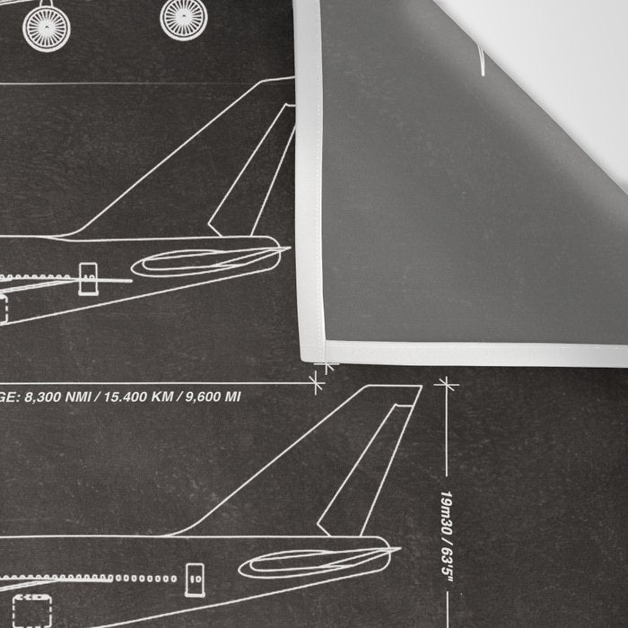 Boeing 747 Family Blueprint in High Resolution (black) Wall Tapestry Gallery Image 3