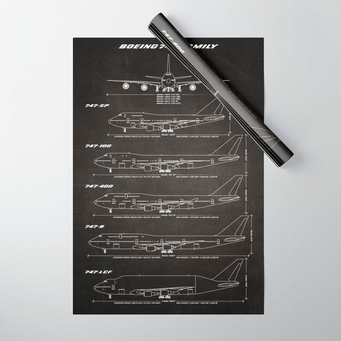 Boeing 747 Family Blueprint in High Resolution (black) Wrapping Paper Gallery Image 1