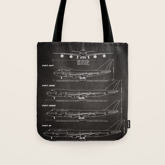 Boeing 747 Family Blueprint in High Resolution (black) Tote Bag Gallery Image 1