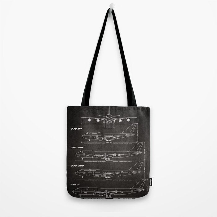 Boeing 747 Family Blueprint in High Resolution (black) Tote Bag Gallery Image 2