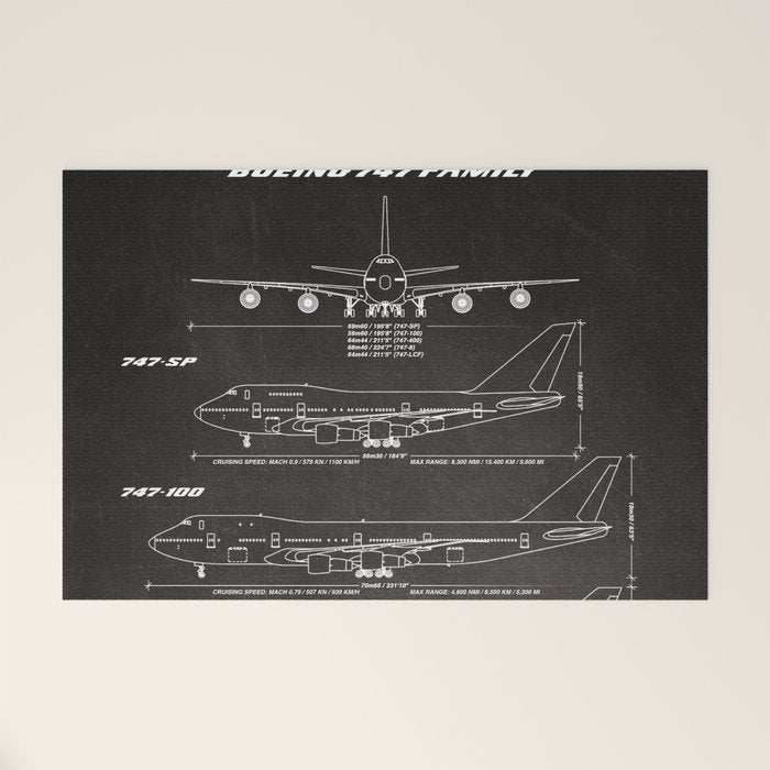 Boeing 747 Family Blueprint in High Resolution (black) Welcome Mat Gallery Image 1