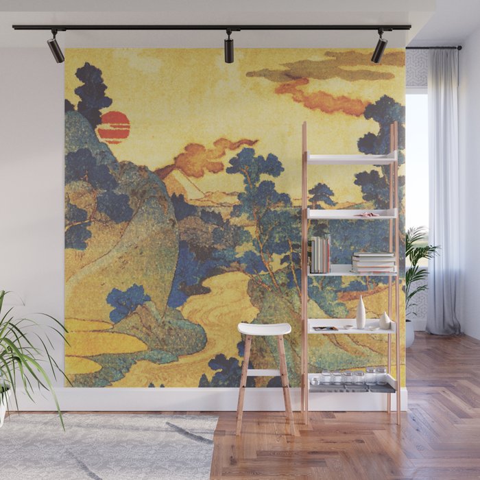 Ancient Path to Kunisada - Nature Ukiyo Landscape in Yellow, Gold, Green, Red and Orange Wall Mural Gallery Image 1