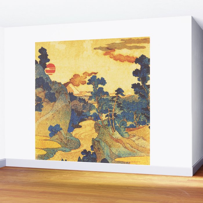 Ancient Path to Kunisada - Nature Ukiyo Landscape in Yellow, Gold, Green, Red and Orange Wall Mural Gallery Image 2