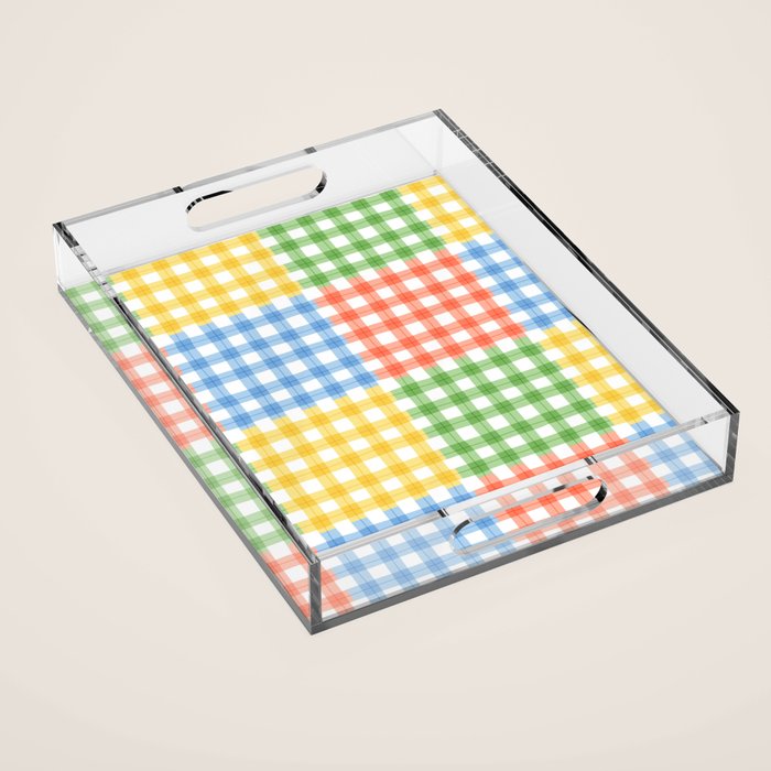 Colorful square gingham grid patchwork print Acrylic Tray Gallery Image 1