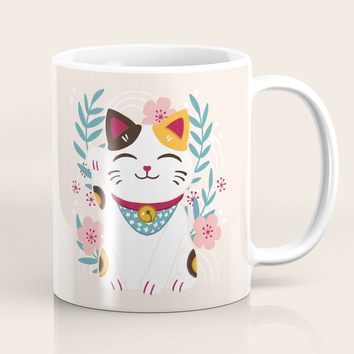 Japanese Lucky Cat with Cherry Blossoms Coffee Mug Gallery Image 1