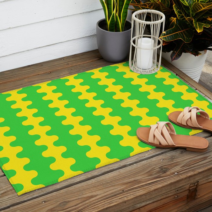 Vivid Ogee A-Go-Go Retro Pop Pattern Neon Green and Yellow Outdoor Rug Gallery Image 2