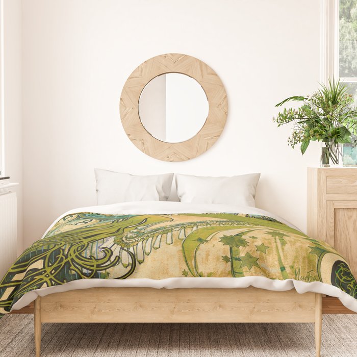 Emerald Green Vintage Astrology Poster | Alphonse Mucha  Duvet Cover Gallery Image 3