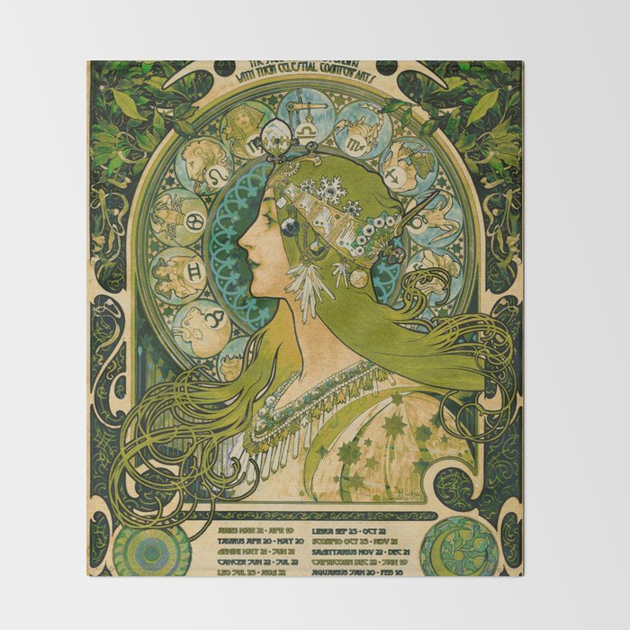 Emerald Green Vintage Astrology Poster | Alphonse Mucha  Throw Blanket Gallery Image 2
