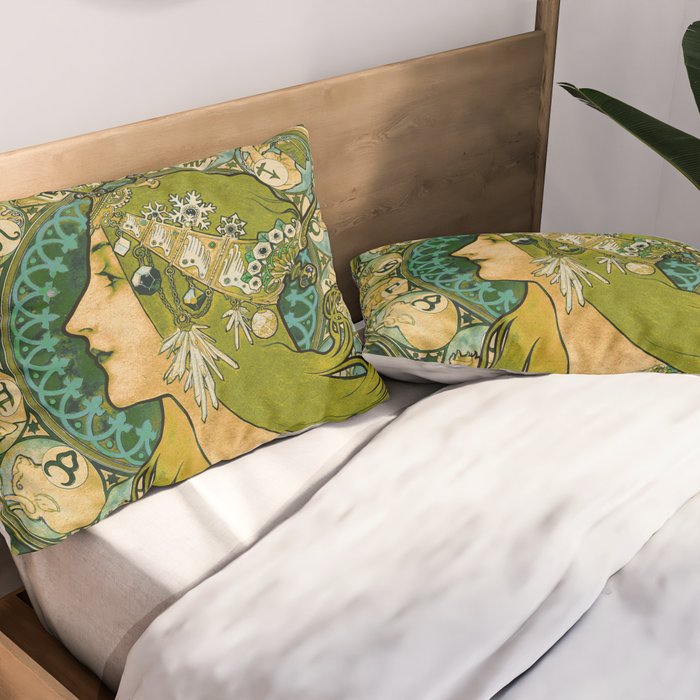 Emerald Green Vintage Astrology Poster | Alphonse Mucha  Pillow Sham Gallery Image 2